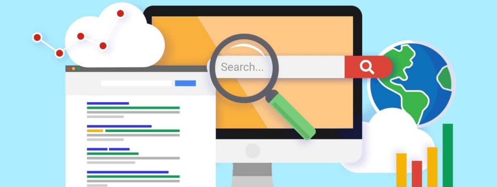 A magnifying glass over a search bar with popular search terms related to digital marketing.